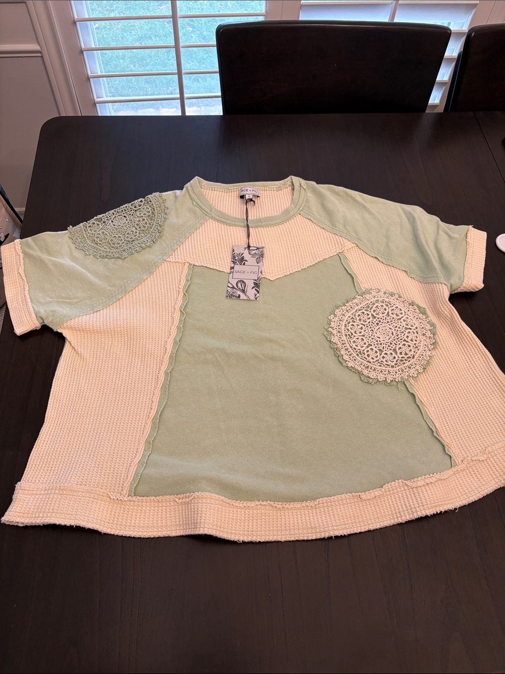 Sage & Ivory Crochet Patch Short Sleeve Top